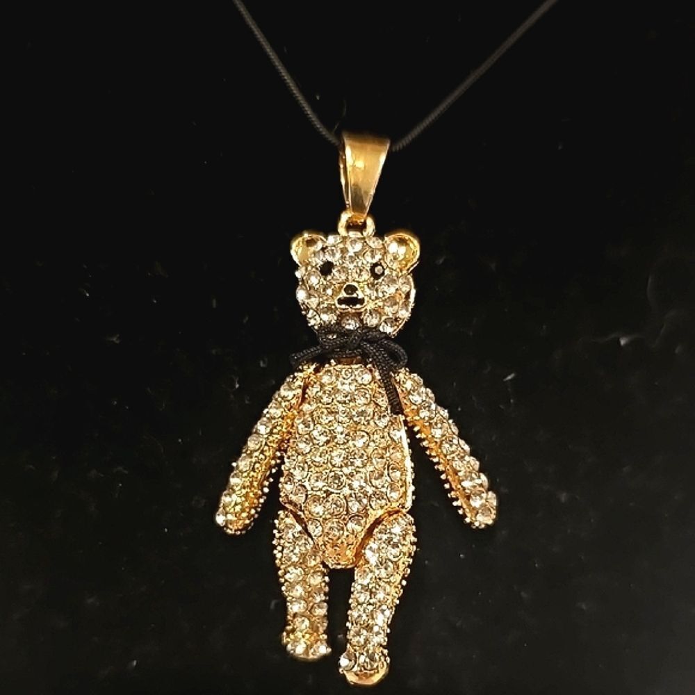 Gold Teddy Bear Pendant Necklace, Adjustable Chain. Nwot